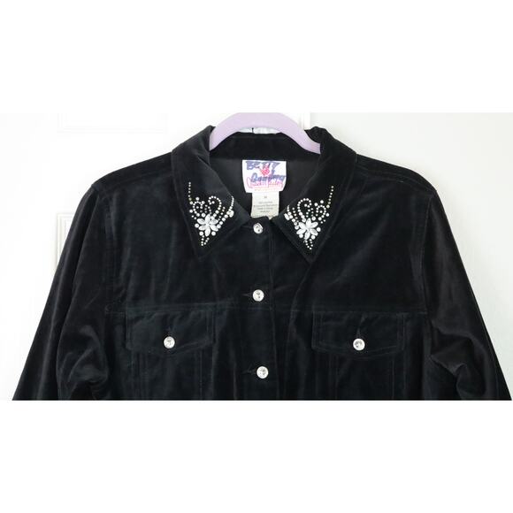 Vintage Quacker Factory Black Velvet Jacket Rhinestones Beaded Medium COTTON - Picture 2 of 8